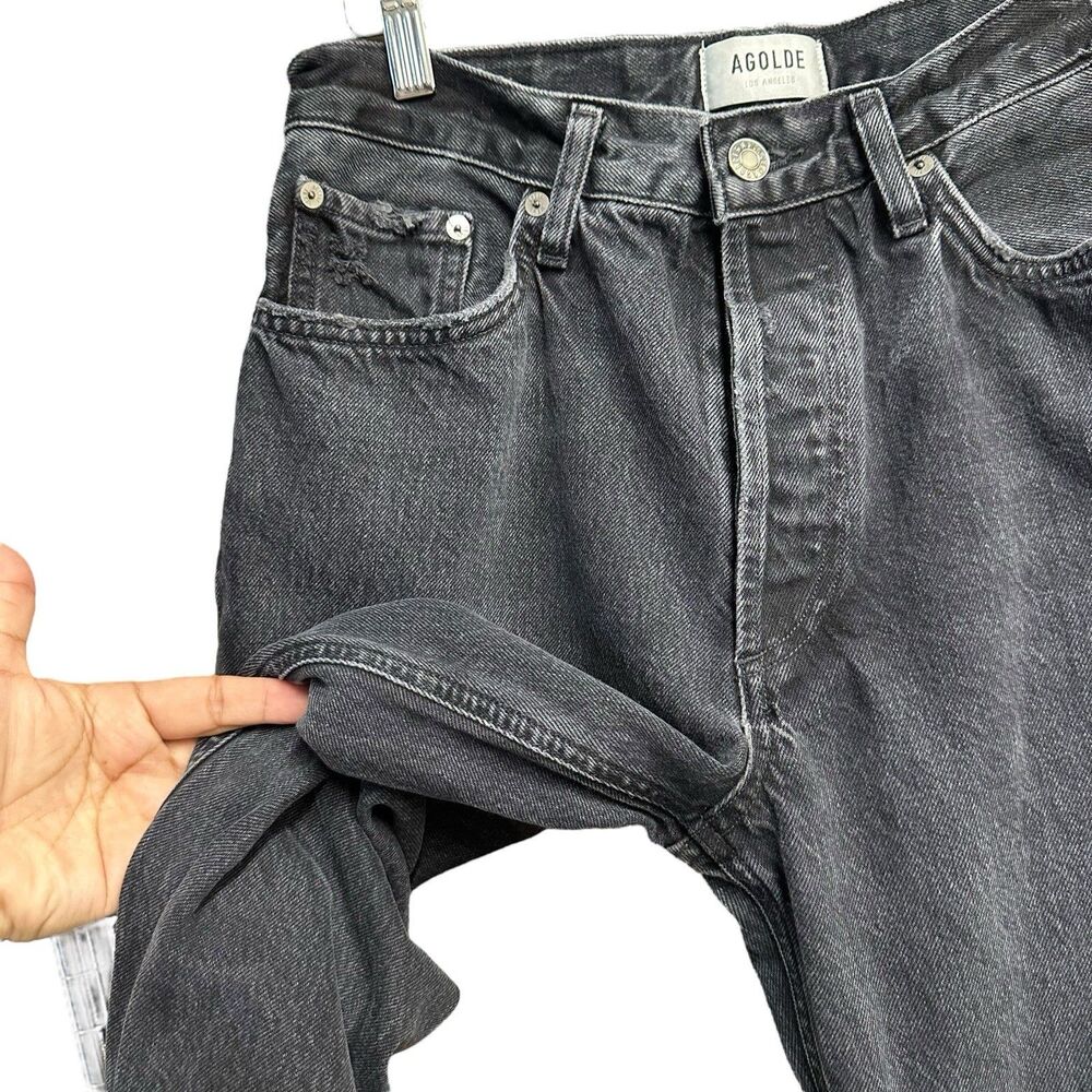 Agolde Jeans Women Size 27 Lana Cropped In Rhyme Black Denim Button Fly Distress - Picture 7 of 16